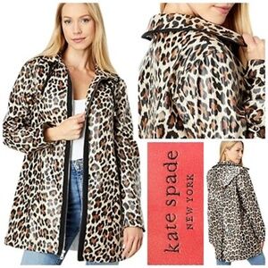 Kate Spade Cheetah Animal Print Coated Rain Coat with Black Trim Sz S $248 NEW!